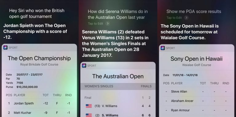 Siri, iOS 11, Risultati, Tennis