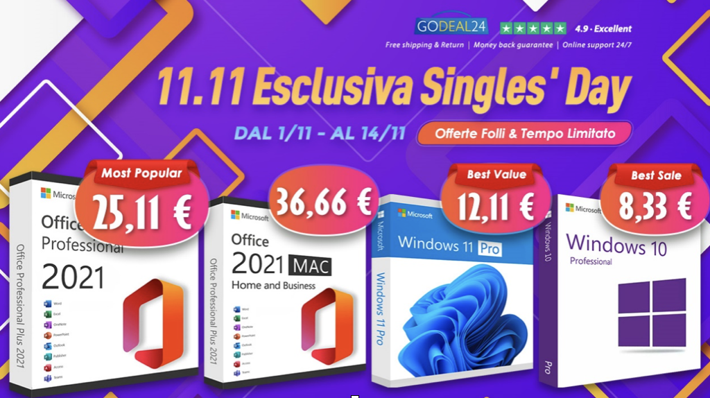 Ottieni Microsoft Office a vita per il tuo Mac o Windows a soli 15,11€ con  l'offerta limitata Godeal24 Singles' Day