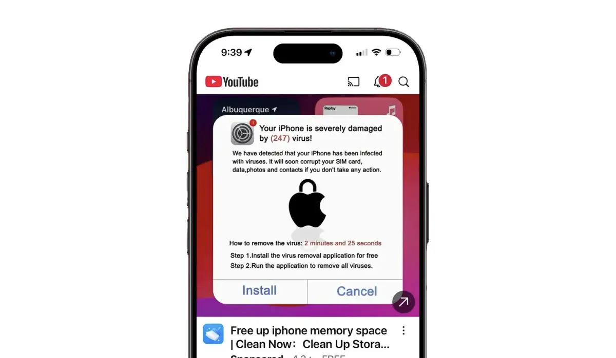 truffa virus iphone, popup falsi iphone, app pericolose iphone, sicurezza ios, scareware youtube, pubblicità truffaldine, virus iphone fake